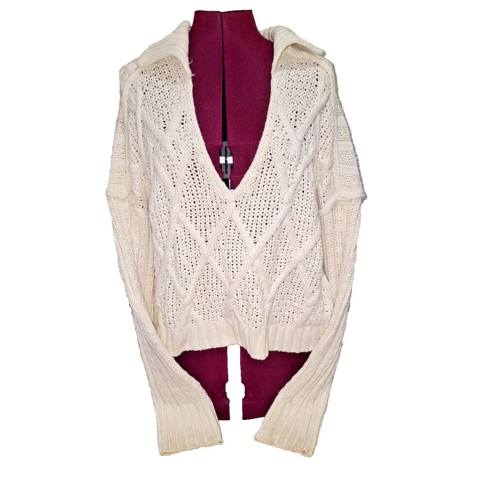 Free People Chunky Open Cable Knit V-Neck Crop Sweater Ivory Size Large Cotton